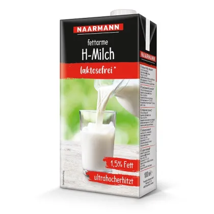 Naarmann Lait UHT sans lactose 1,5 % de matière grasse, lait entier longue conservation avec bouchon à vis, 1 l